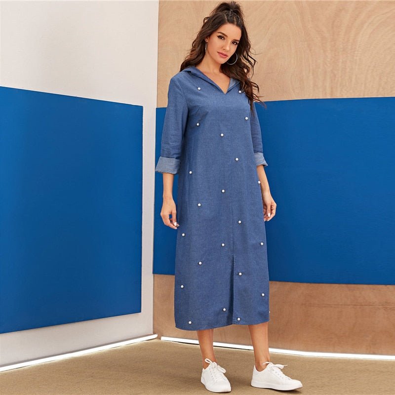 Blue Abaya Pearls Beaded Split Hem Denim Hoodie Dress Women Autumn Long Sleeve Solid Loose Casual Long Dresses-4
