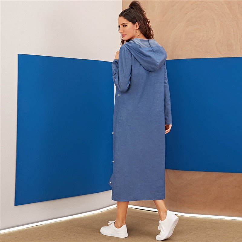 Blue Abaya Pearls Beaded Split Hem Denim Hoodie Dress Women Autumn Long Sleeve Solid Loose Casual Long Dresses-0