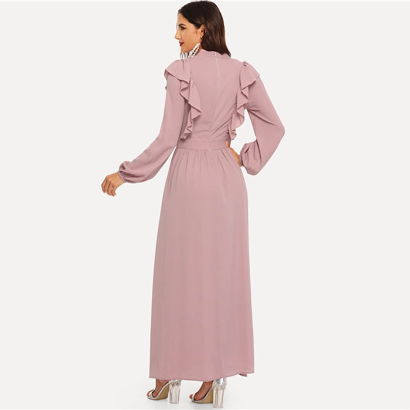 Pink Abaya Tie Neck Fit and Flare Ruffle Pleated High Waist A Line Dress Women Spring Solid Elegant Maxi Dresses-2