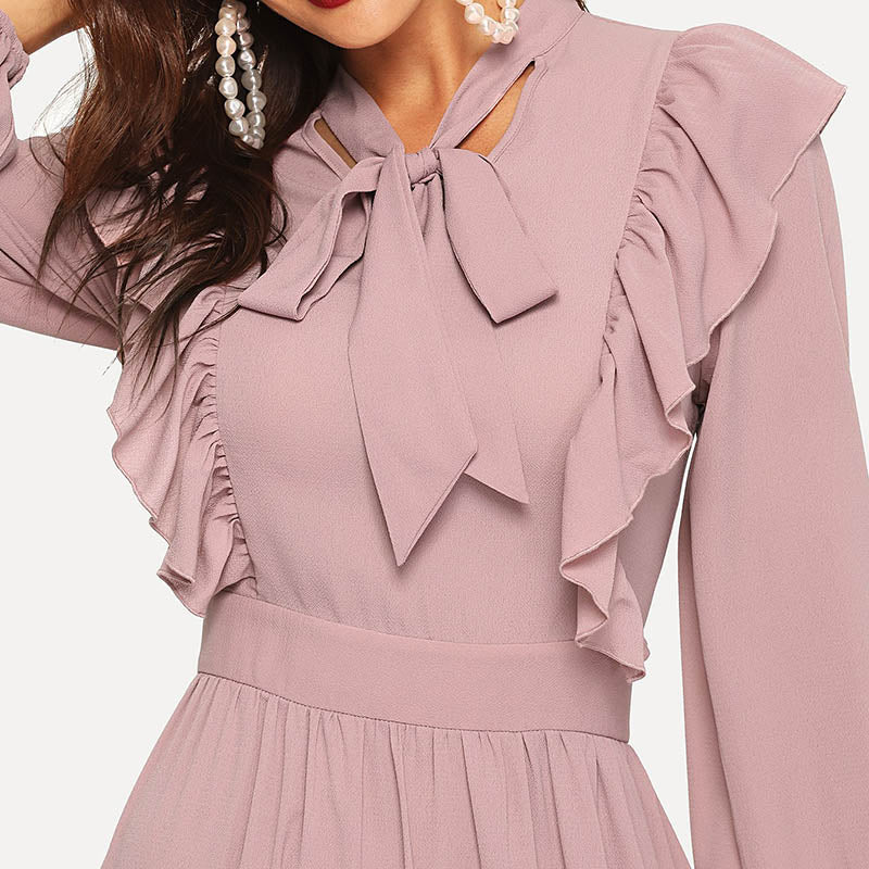 Pink Abaya Tie Neck Fit and Flare Ruffle Pleated High Waist A Line Dress Women Spring Solid Elegant Maxi Dresses-3