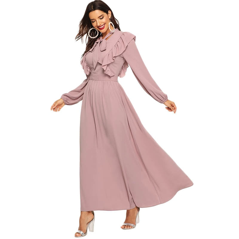 Pink Abaya Tie Neck Fit and Flare Ruffle Pleated High Waist A Line Dress Women Spring Solid Elegant Maxi Dresses-1