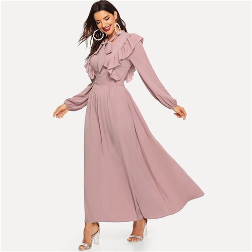 Pink Abaya Tie Neck Fit and Flare Ruffle Pleated High Waist A Line Dress Women Spring Solid Elegant Maxi Dresses-0
