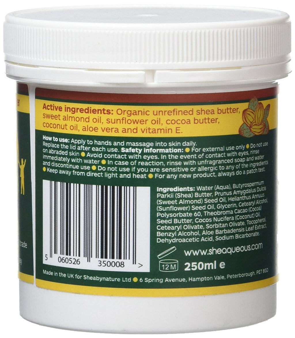 Sheaqueous Aqueous Cream with unrefined Shea Butter, Almond Oil, cocoa butter, vitamin E. A natural aqueous cream for very dry skin, for Sensitive Skin, Babies, Children, Eczema prone skin , Use in Pregnancy for expanding tummy NO ADDED FRAGRANCE